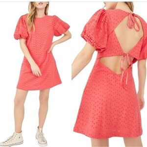 FREE PEOPLE Apricot Rose Puff Sleeve Dress Strawberry Spritz Eyelet SZ XS